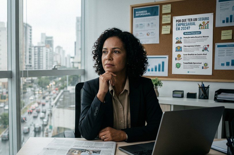 Mulher pensativa lendo sobre seguro empresarial
