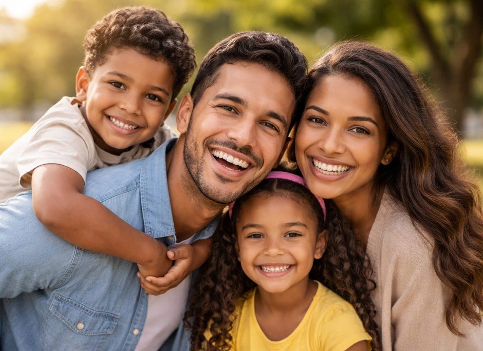 Família feliz sorrindo no parque